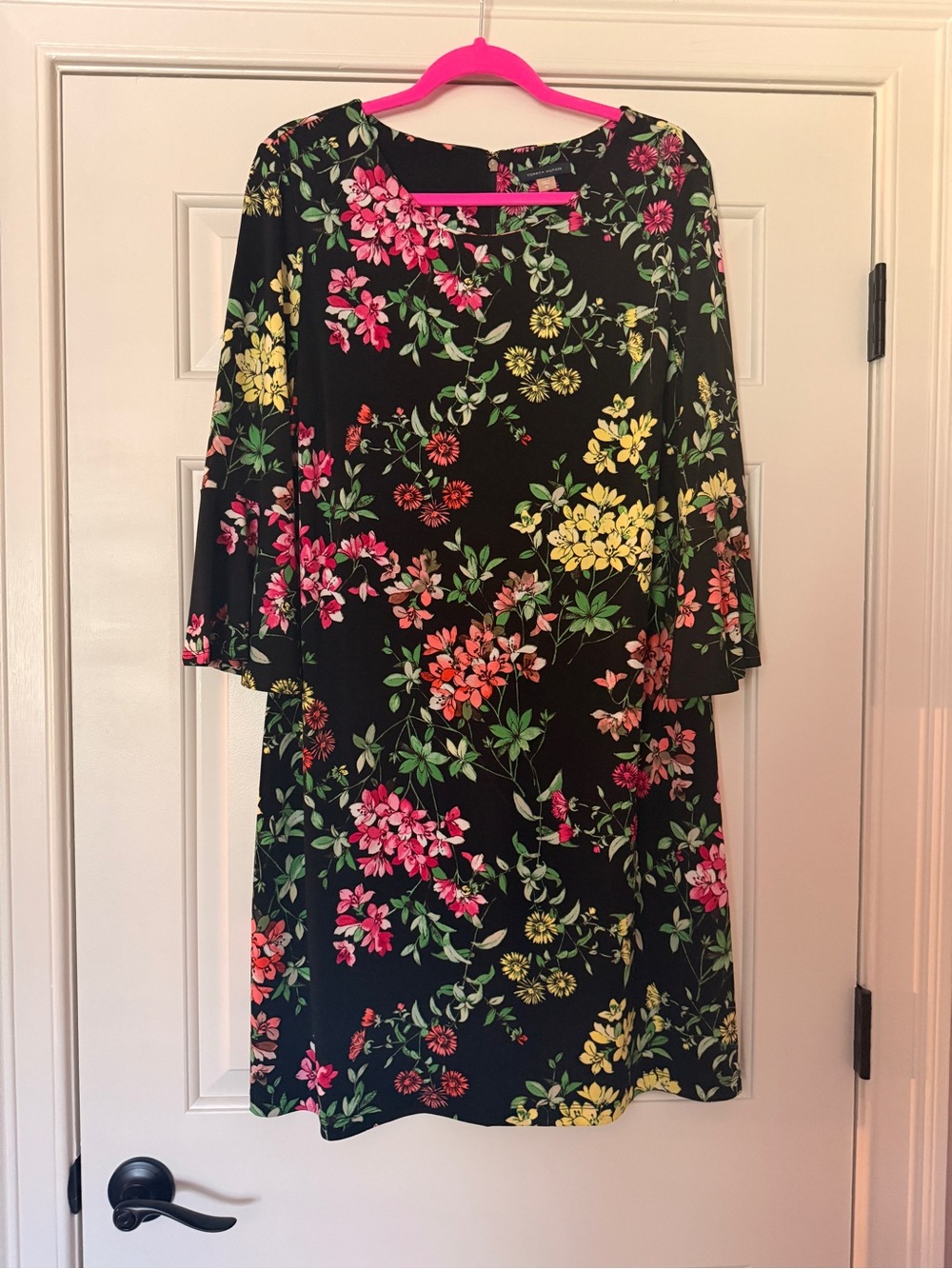 Tommy Hilfiger Black Floral Midi Dress with Pink, Yellow & Green Accents